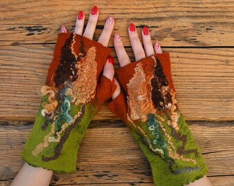 Felt hand warmers, Armstulpen, Felted wool arm sleeves for women, Elegant arm warmers, Handmade fingerless mitts for her, Mom day gift idea