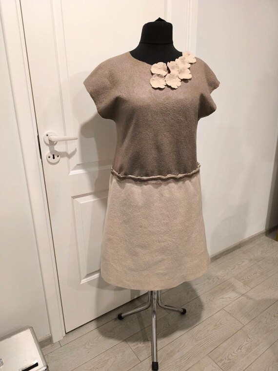 Vestido de lana beige para mujer, Vestido de lujo hecho a mano