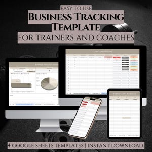 Op de afbeelding: Vier Google Sheets-sjablonen voor trainers en coaches. De sjablonen omvatten een zakelijk analyse-dashboard, een klantenlead-pijplijn, een klantenboek en een wekelijks klantenschema. De sjablonen worden weergegeven op een computerscherm, een smartphone en een tablet.