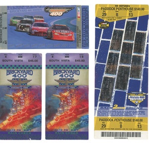 May include: A collection of NASCAR race tickets, including Brickyard 400 and Allstate 400 events. The tickets feature colorful graphics of race cars and event details, with prices ranging from $45.00 to $140.00.