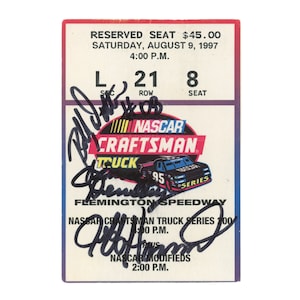 May include: A NASCAR Craftsman Truck Series ticket from Flemington Speedway, dated August 9, 1997. The ticket features the NASCAR logo, a race car graphic, and multiple signatures. The ticket is marked "Reserved Seat".