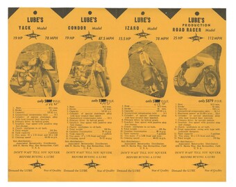 ¡Folleto del modelo de motocicleta LUBES de la década de 1960! ¡Raros NSU Road Racer, Condor, Izaro y Tack! Etiquetas de venta de folletos de ciclos de carreras vintage de los años 50, motos de carreras