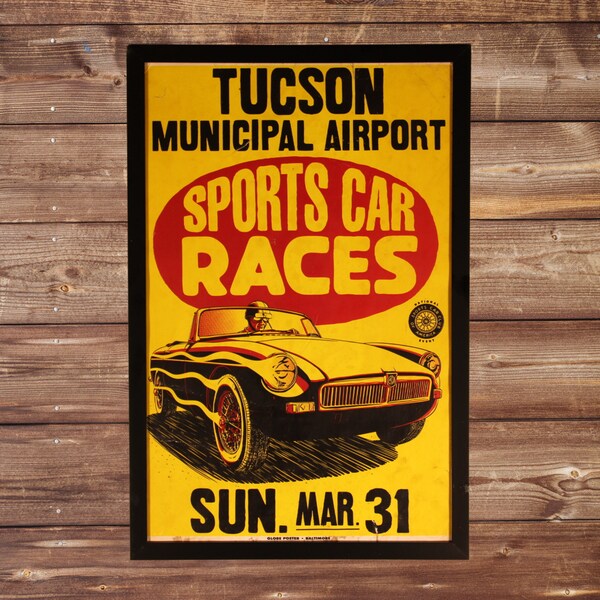 1960s Tucson AZ Racing Original Framed Poster! MGB on Cover, Vintage Arizona Sports Car SCCA Race Advertising Sign, Rare Ready to Hang Art