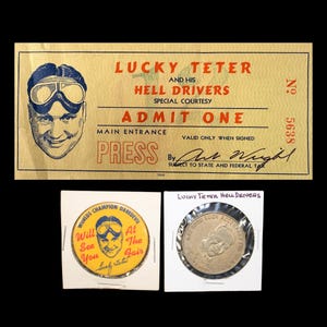 1930s Lucky Teter Button Pin & Good Luck Coin! Rare Original Auto Thrill Show Vintage Daredevil Collectables - Antique Stunt Car Jumps Bus