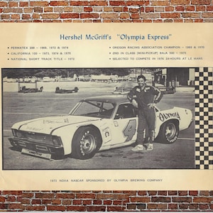 1976 Hershel McGriff Olympia Express NASCAR Chevy Nova Race Car Flyer! Poster Ad
