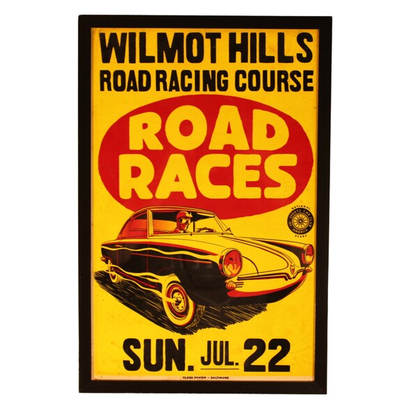 1960's Wisconsin Original Auto Race Framed Poster! Wilmot Hills WI SCCA Sport Car Road Racing Course Sign, Rare Vintage Ready to Hang Art