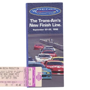 May include: A flyer and ticket for the Reno Grand Prix, showing race cars on a track. The flyer promotes The Trans-Am's New Finish Line, September 20-22, 1996. The ticket is for the SCCA's Trans Am Finale at the Reno Hilton, September 21, 1996.