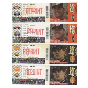 Könnte beinhalten: Vier NASCAR-Renntickets mit Kevin Harvick, dem Gewinner von 2005. Jedes Ticket trägt den Text "REPRINT" und Details wie Datum, Sektion, Reihe und Sitzplatz. Die Tickets sind überwiegend weiß, rot und schwarz.