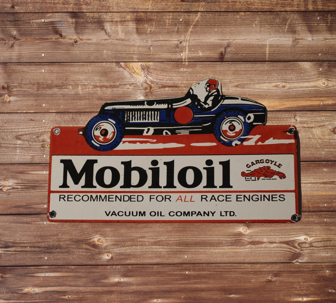 Vintage Mobil Oil Porcelain & Metal Racing Sign Race Car Man Cave Signs ...