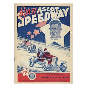 May include: Vintage Ascot Speedway racing program cover. Features illustrations of race cars in motion, a portrait of a man, and text including "Sunday, Jan. 15, 1933." The color scheme includes red, white, and blue.