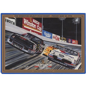 May include: A racing-themed collectible depicting three stock cars racing on a track at night. The cars are black, yellow, and white, with sponsor logos. The text reads "The Winston Select Pole Night - Friday, May 20, 1994".