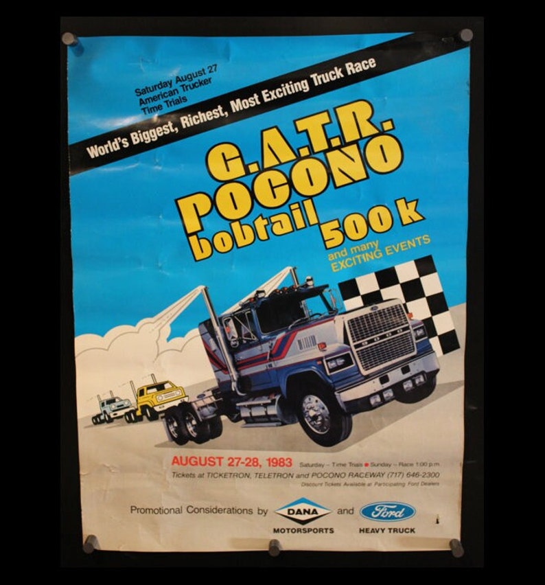 Pocono Raceway Poster 1983 Pocono Semi Truck Racing Poster! G.A.T.R. Bobtail 500K Auto Sign ...