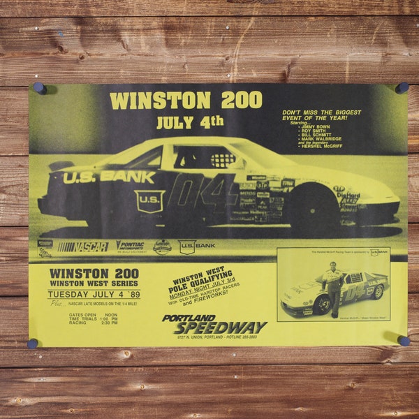 1987 NASCAR Portland Speedway Oregon Racing Poster! Winston 200 Race Sign staring Hershel McGriff, Man Cave, Shop & Garage Racer Art