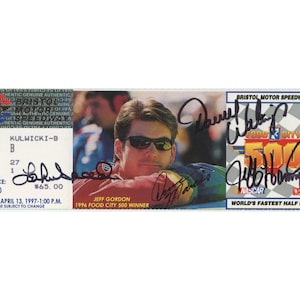 May include: A NASCAR racing ticket from the Bristol Motor Speedway, featuring Jeff Gordon, the 1996 Food City 500 winner. The ticket includes signatures and event details. The ticket is white with black text.