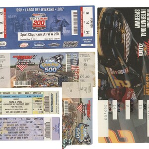 May include: A selection of old event tickets, including a NASCAR race ticket from 1996, a Sport Clips Haircuts VFW 200 ticket, and tickets for a Sprint Sound & Speed event. The tickets show event information and prices.