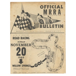 May include: Aged vintage MRRA Bulletin from November 1960, advertising a motorcycle road racing event. The design includes illustrations of motorcycles, a chequered flag, and a race circuit map. The event is at Willow Springs on November 20, 1960.