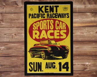 1960's Washington Original Racing Framed Poster! Vintage B Roadster, Kent WA Pacific Raceways Auto Race - Vintage Rare Race SCCA Sign