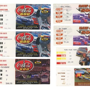 May include: A collection of NASCAR race tickets featuring the Coca-Cola 600 and UAW-GM Quality 500 events. Tickets display race details, including sections, rows, and seat numbers, along with images of race cars and drivers.