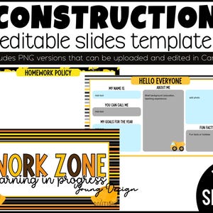 Può includere: Un set di modelli digitali per diapositive modificabili, a tema costruzione. Il design include modelli per la politica dei compiti, le introduzioni e i fatti divertenti. Il set include 100 diapositive ed è progettato per Canva.