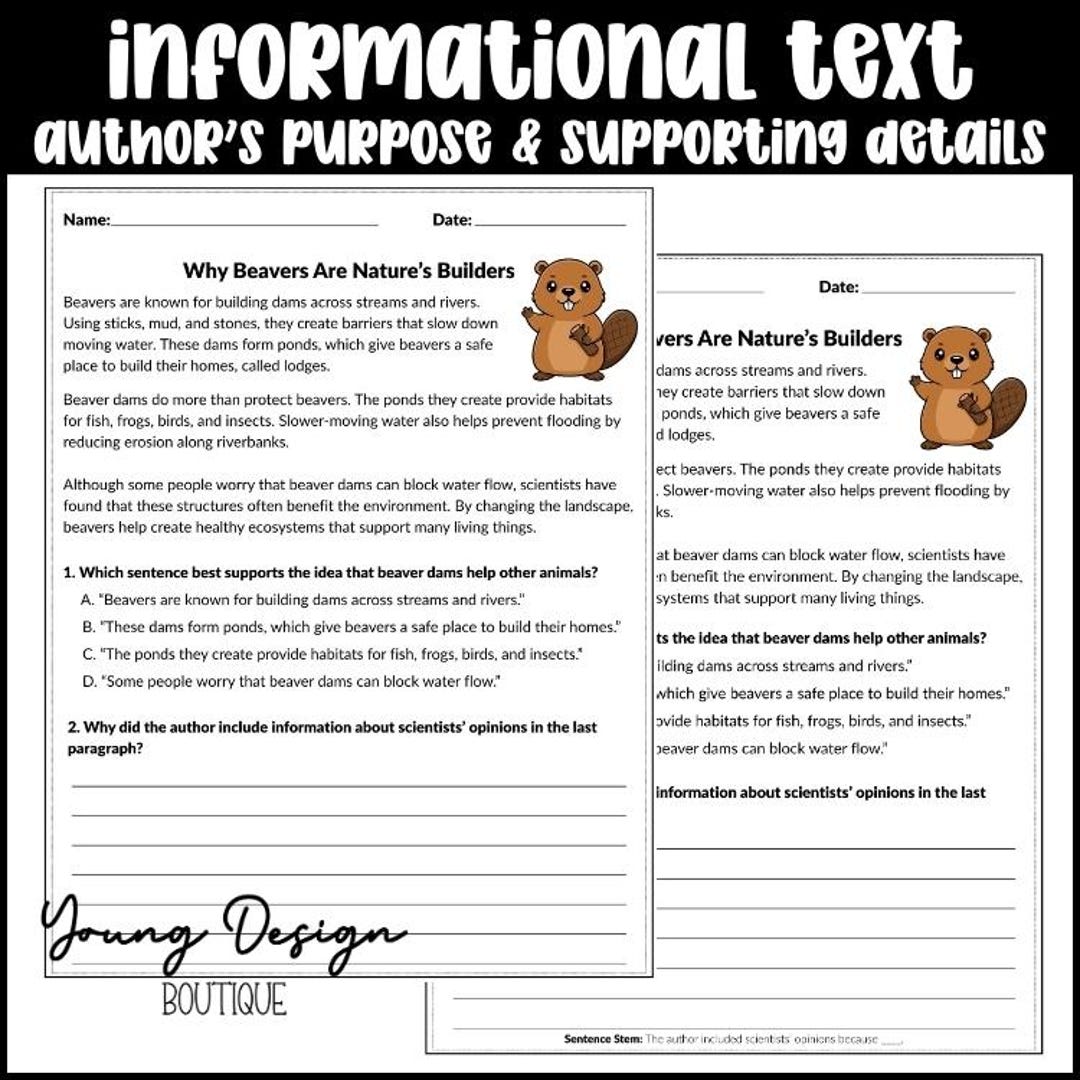 Informational Text Worksheet | Text Evidence & Author’s Purpose ...