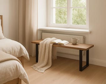 Handcrafted window seat with sanded live edge & metal frame | Decorative wooden bench made of solid oak | Modern oak furniture