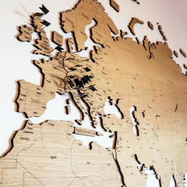3D world map made of wood without engraving, 180x87 cm, wall picture made of FSC verified wood, wall decoration very high quality and chic