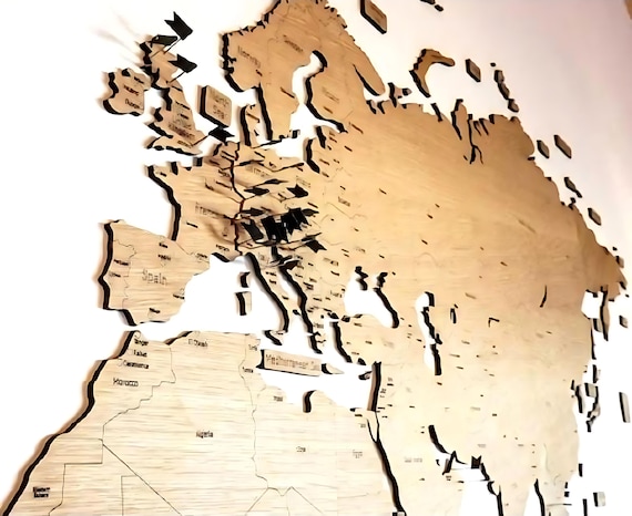 3D Weltkarte aus Holz ohne Gravur, 180×87cm, Wandbild aus FSC verifiziertem Holz, Wanddeko sehr hochwertig und schick