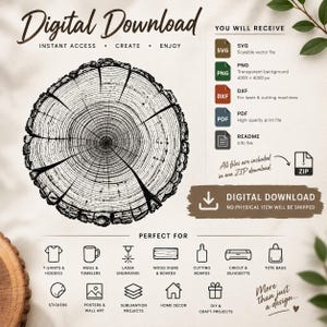 Könnte beinhalten: Ein digitaler Download mit einer schwarz-weißen Strichzeichnung eines Baumstumpfquerschnitts mit sichtbaren Jahresringen. Die Datei enthält SVG-, PNG-, DXF-, PDF- und README-Formate, die alle in einer einzigen ZIP-Datei zusammengefasst sind.