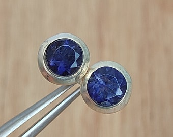 Natural Iolite Silver Studs, 7 MM Size Handmade Iolite Studs, 92.5 Sterling Silver Studs, Faceted Iolite Silver Studs, Gift For Her