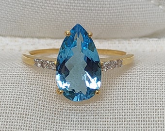 Zertifizierter 18k Gelbgold Ring, AAA Qualität Natürlicher Blauer Topas & Natürlicher Diamant Ring, Verlobungsring, Handgefertigter Topas Silber Ring