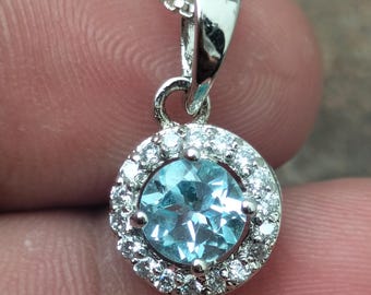 Natural Blue Topaz Silver Necklace, Gemstone Pendant, 92.5 Sterling Silver.