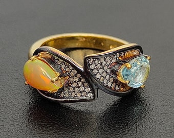 Natural Opal And Natural Blue Topaz, Uncut Diamond Ring, Antique Victorian Diamond Ring in Solid 92.5 Sterling Silver, Hallmark