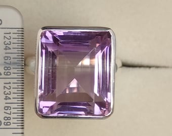 大きなエメラルドカットのアメジストリング、ソリッドシルバー 