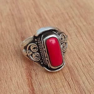 Natural Coral Ring , 92.5 Adjustable Sterling Silver Ring, Tibetan Coral, Tribal Ring ,Hallmark Ring Handmade Ring