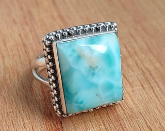 Handgjord Larimar-ring: Boho sterlingsilvercabochon