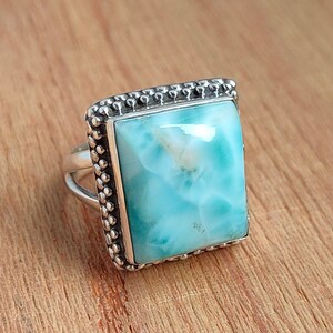 Boho Tribal Ring, Natural Larimar Ring in Solid 92.5 Sterling Silver, Handmade Cabochon Larimar Silver Ring, Hallmark Silver