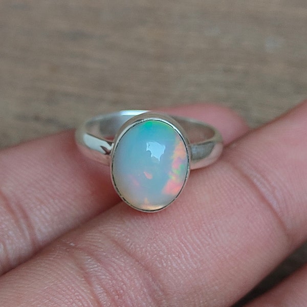 Geniune Opal Ring in Solid 92.5 Sterling Silver Handmade Cabochon Ring