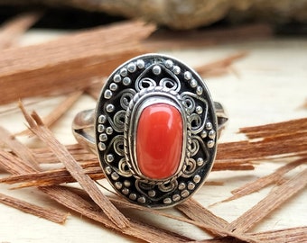 Tibetan Coral Ring: Handmade 925 Sterling Silver, Oval Cabochon