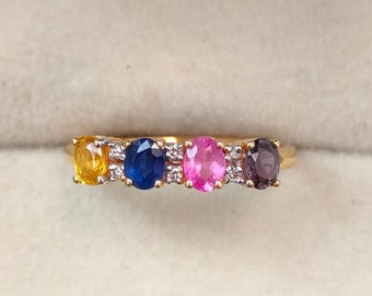 Certified 18k Yellow Gold Multi Sapphire & Diamond Ring