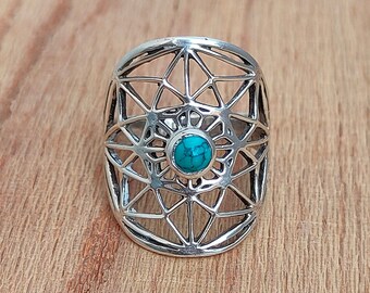 Tribal Turquoise Sterling Silver Ring: Handmade Tibetan Design
