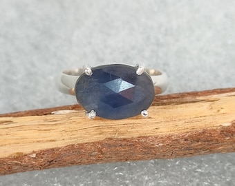 Bague en saphir bleu naturel en argent massif 92,5, grande bague en argent saphir bleu, cadeau de bague en argent avec pierres précieuses faites à la main pour elle