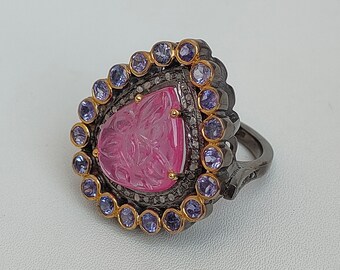 Victorian Carved Ruby Ring: Uncut Diamond & Tanzanite, Sterling Silver