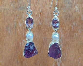 Raw Amethyst Sterling Silver Drop Earrings: Handmade Vintage Gemstone