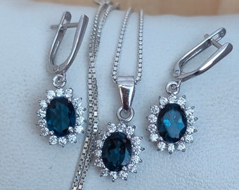 Blue Topaz Jewelry Set: Handmade Sterling Silver Necklace & Earrings