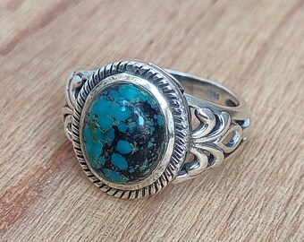 Natural Turquoise Sterling Silver Ring: Tribal Tibetan Design