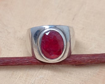 Large Faceted Ruby Ring: Handcrafted 925 Sterling Silver