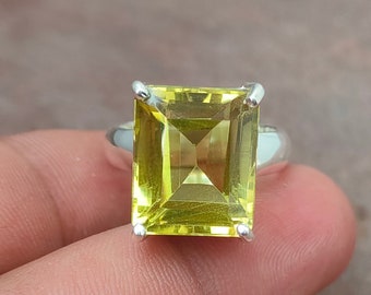 Handmade Lemon Quartz Ring: 14.25 Carat, Sterling Silver, Rectangle Stone