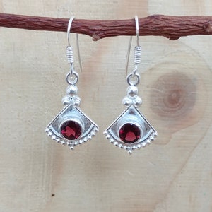Handmade Round Garnet 925 Sterling Silver Dangle Earrings