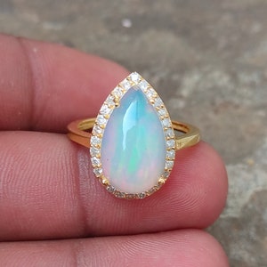 Certified 5.70 Carat Opal, Natural Fire Opal & Natural Diamond Ring, 14k Yellow Gold Ring, Opal Halo Diamond Ring, Opal Size- 16 x 9 MM