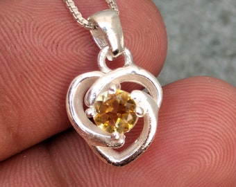 Handgefertigte Citrin Anhänger Kette: 925 Sterling Silber, Rund facettierter Edelstein